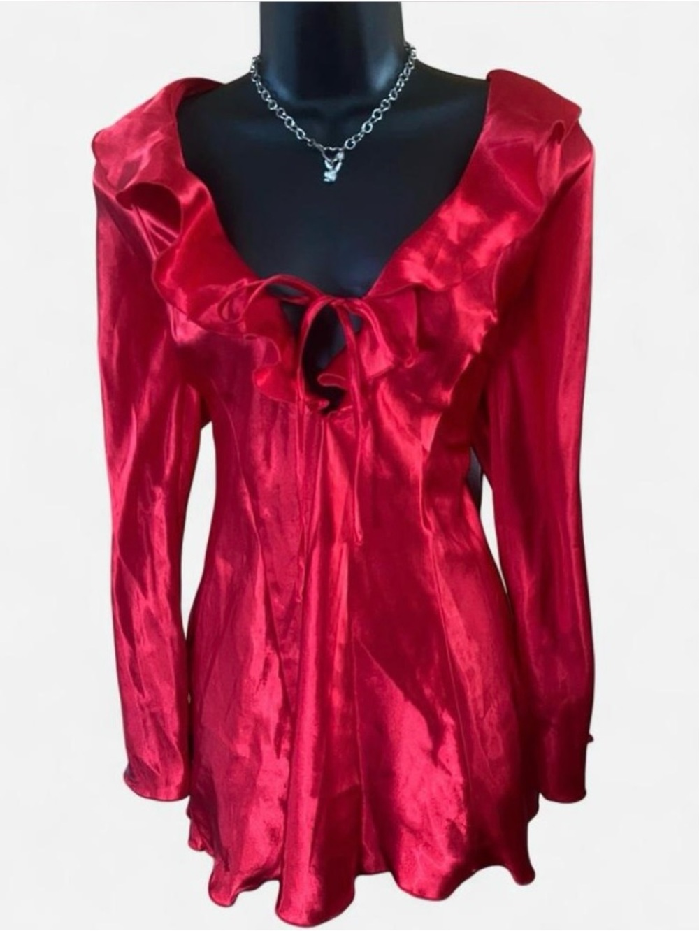 Vintage Frederickโs of Hollywood Red Satin Mini Dress w Flare Sleeves & Ruffles